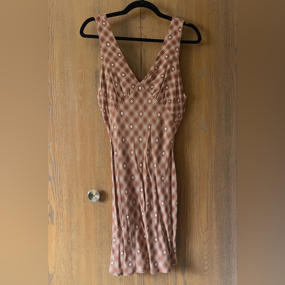 Wild Fable Brown Plaid Floral Sleeveless Mini Dress with Waist Tie Size Medium
